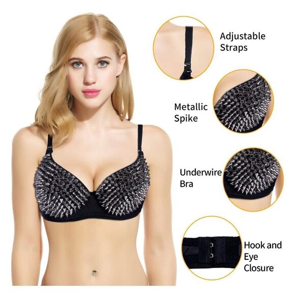 FASHION Metallic Spike Punk Goth Bra Clubwear - Gray - Picture 3 of 3